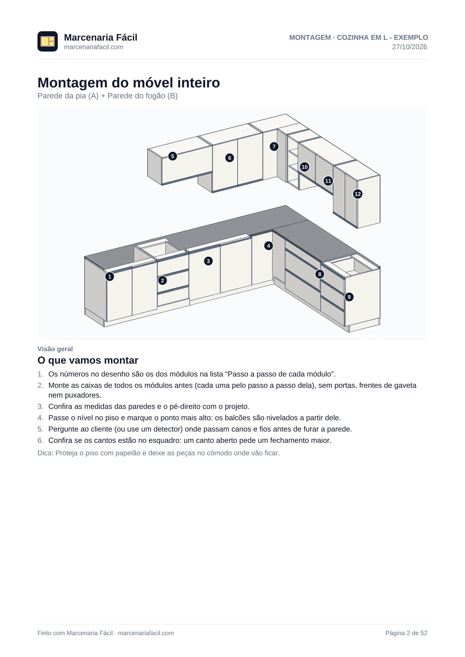 Página do guia de montagem em PDF com visão geral da cozinha e módulos numerados