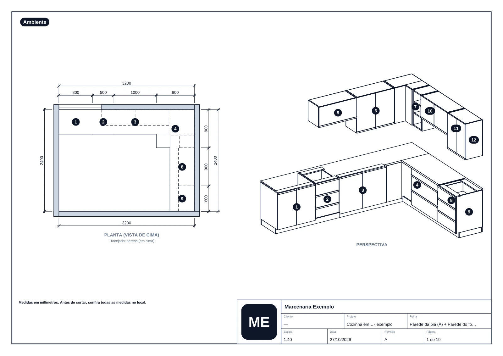 Projeto executivo em PDF com planta, perspectiva da cozinha em L e carimbo de revisão
