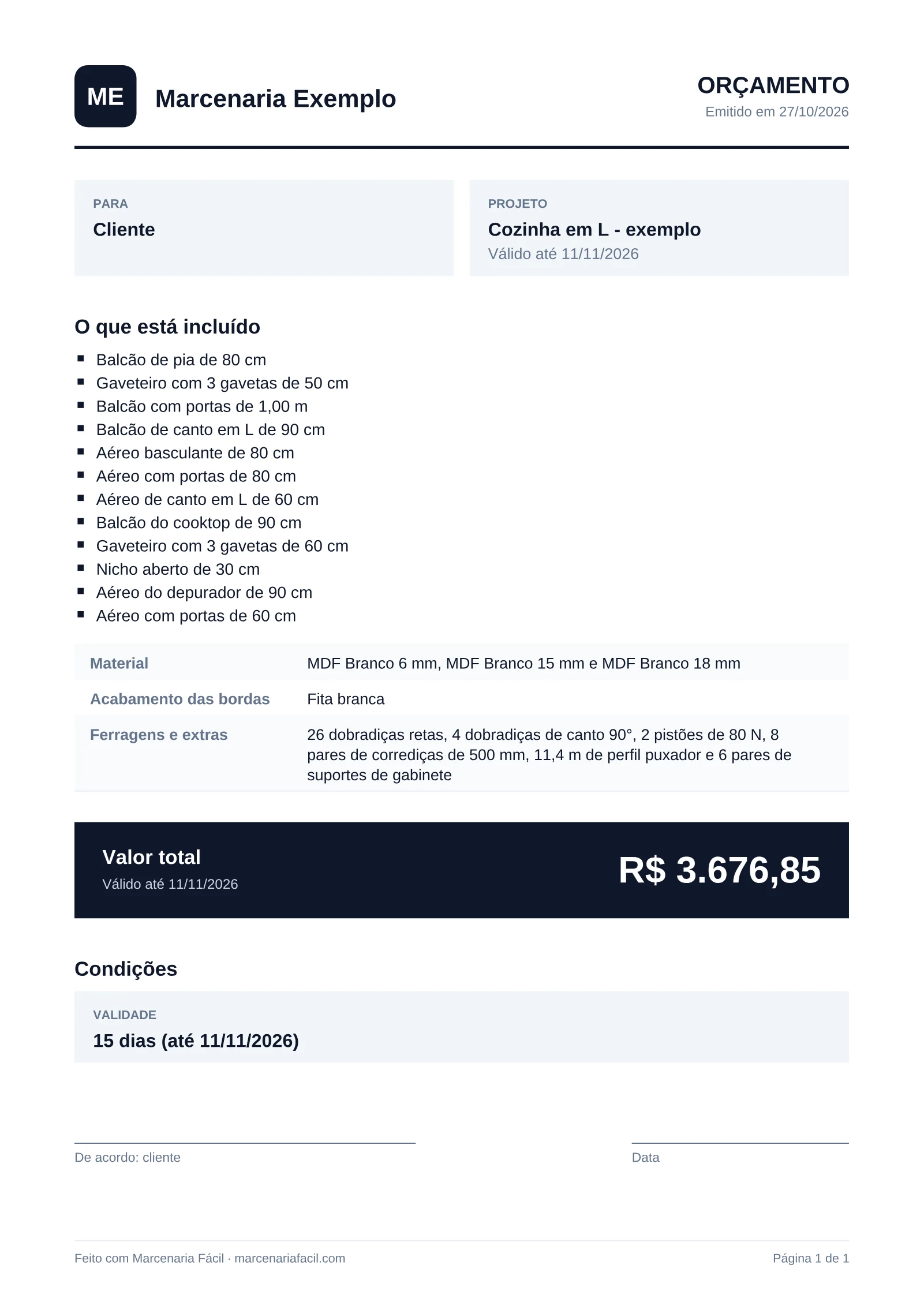 Orçamento de cozinha em PDF com descrição dos móveis, materiais, valor e condições